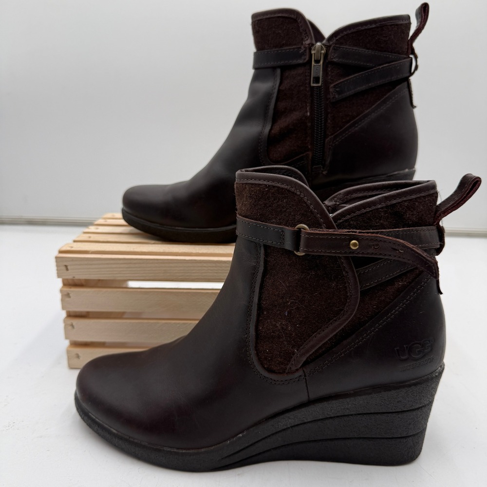UGG Wedge Boots Emalie Waterproof Leather Wool Dark Brown Womens 8